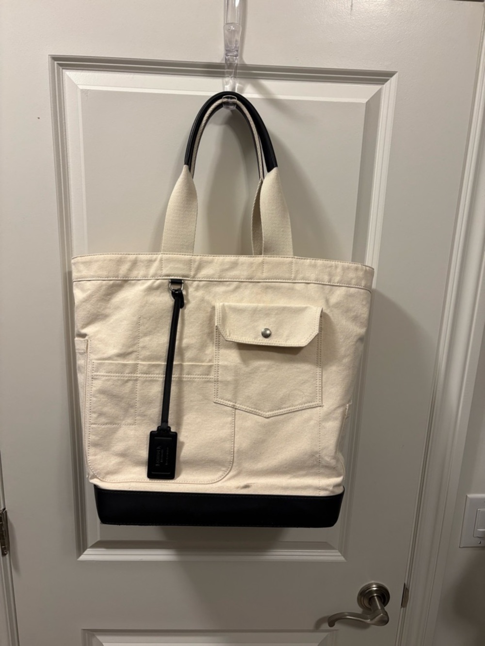 Shinola Cream Canvas Tote with Black Leather Base and Handles
